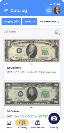 Detailed catalog view with full banknotes and their reference data